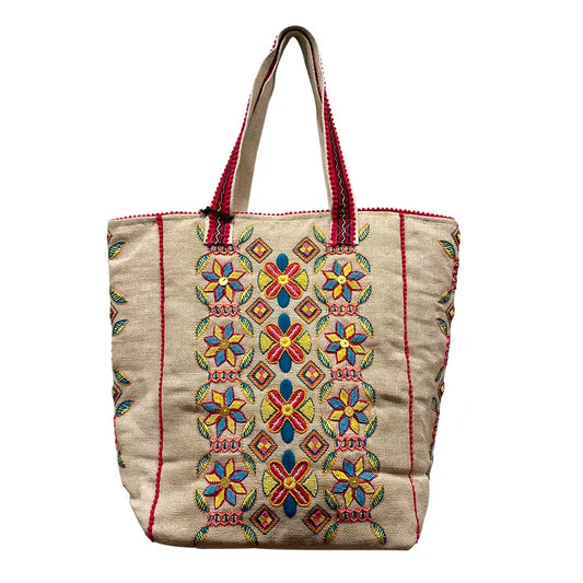 Embroidered Flowers Jute Tote