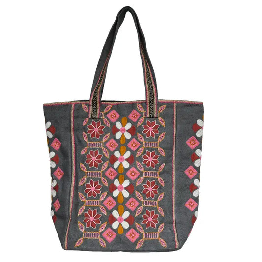 Pink Flowers Charcoal Tote