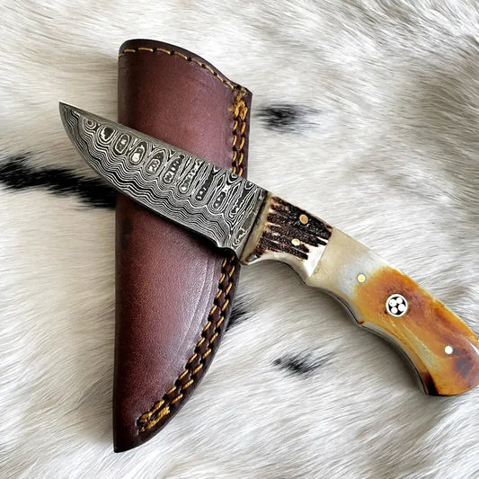 Damascus Steel Burnt Bone and Walnut Hunting Knife