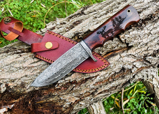 Damascus Steel Buck Engraved Hunting Knife